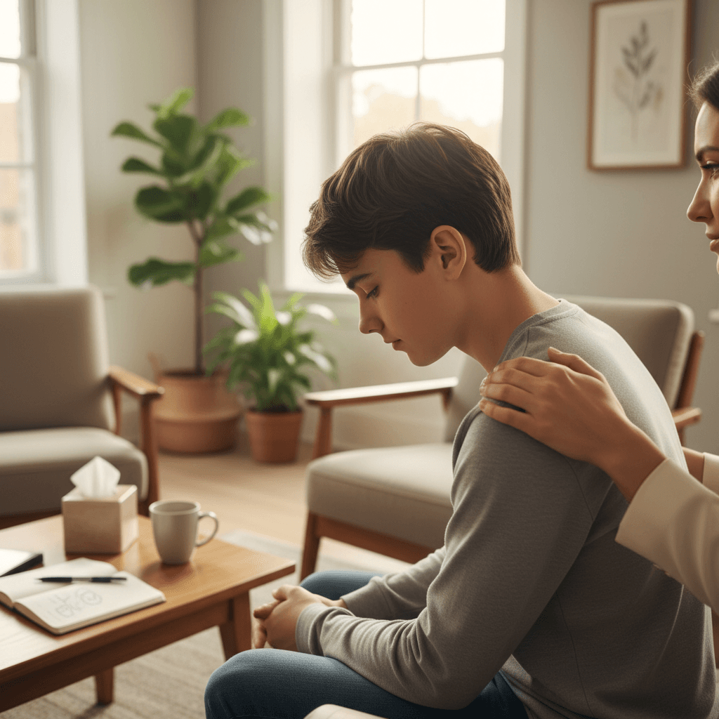 Youth counseling session with supportive therapist