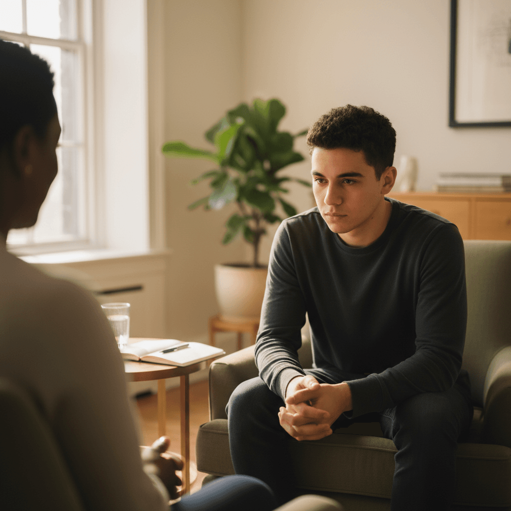 Young student with thoughtful expression during counseling session, mentor visible in soft focus nearby, warm natural light in calm professional space